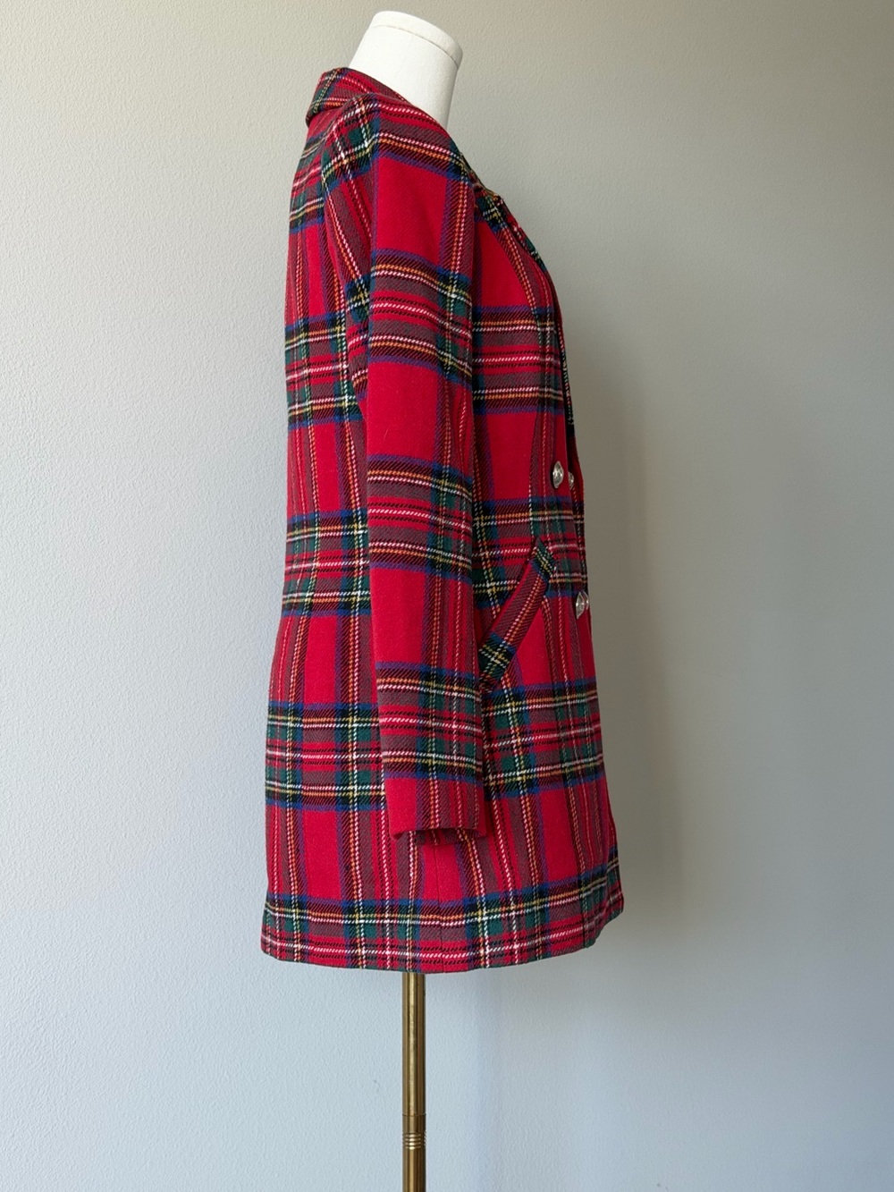 Venus Red Tartan Plaid Fitted Double-Breasted Longline Blazer Jacket - 8 - Picture 6 of 15